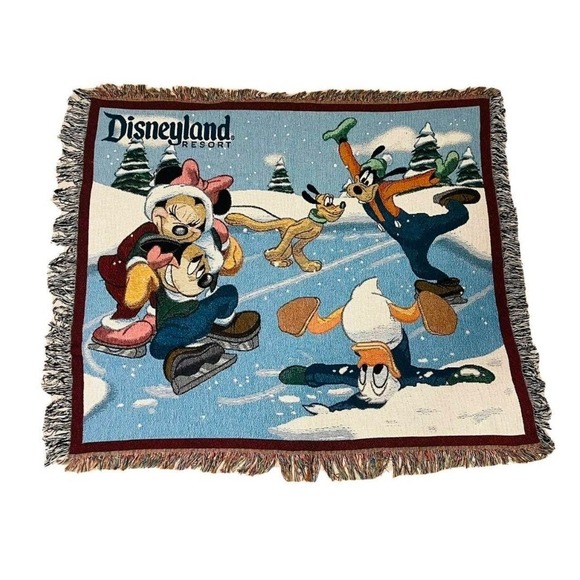 Disney Other - Vintage Walt Disney World Mickey Minnie Donald Goofy Ice Skating Woven Blanket